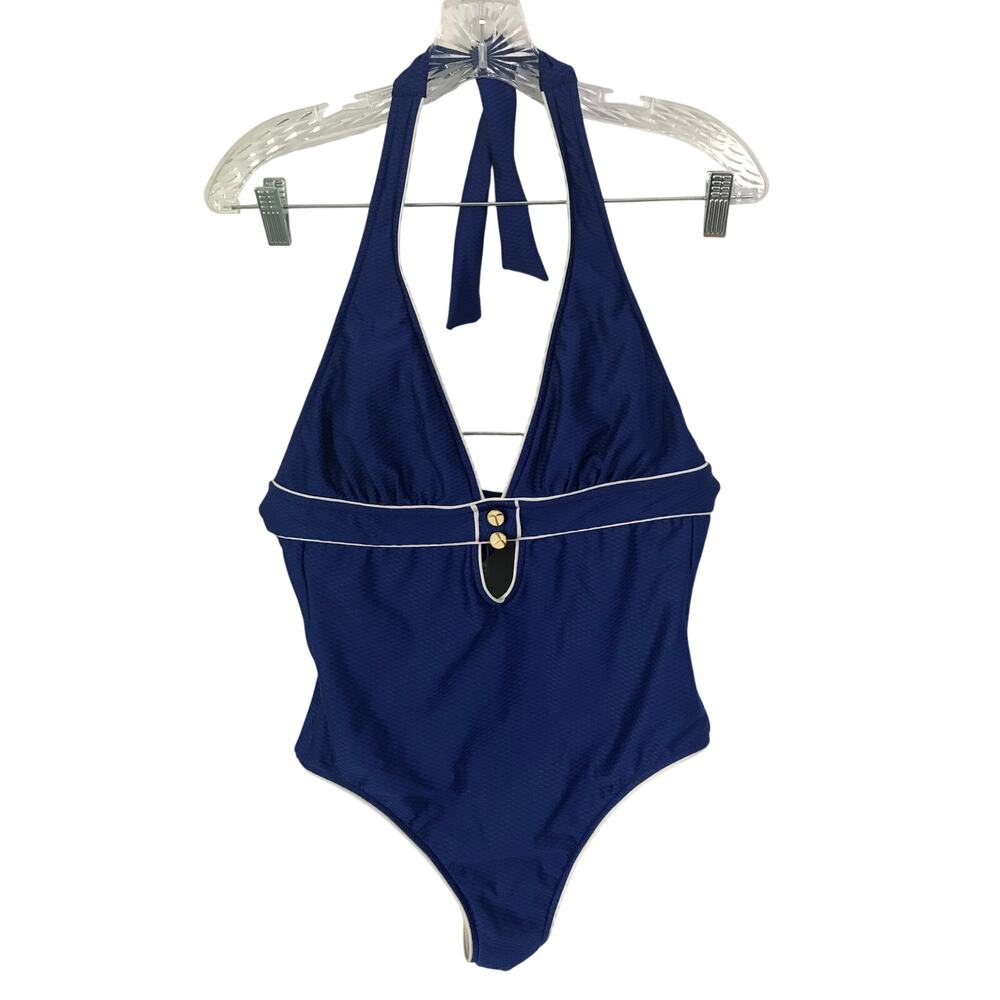 Trina Turk Swimsuit Size 8 Womens One Piece Modest Blue Halter Top Excellent